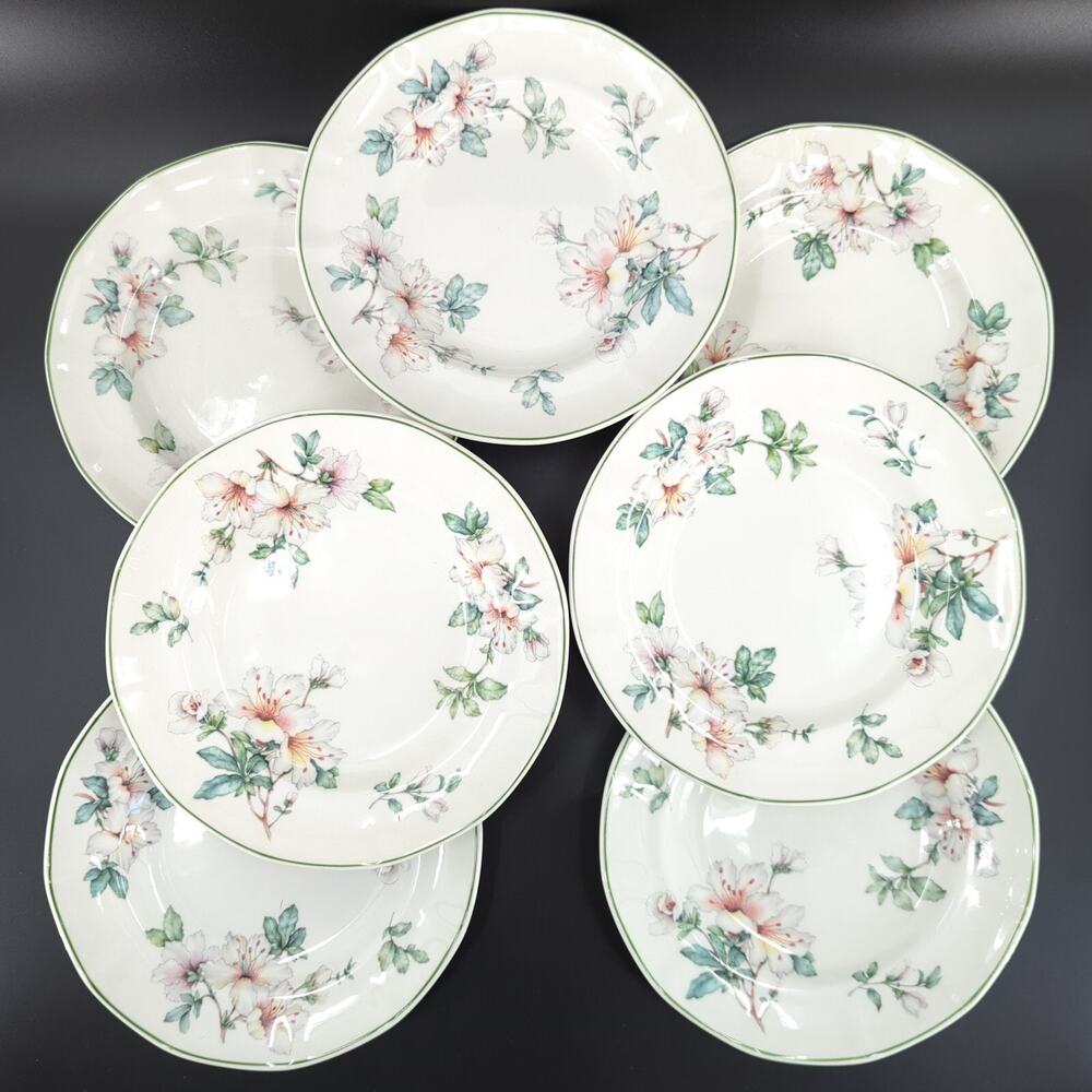 Adams China Azalea Salad Plates White Green Floral Set 7 Replacements VTG FLAW